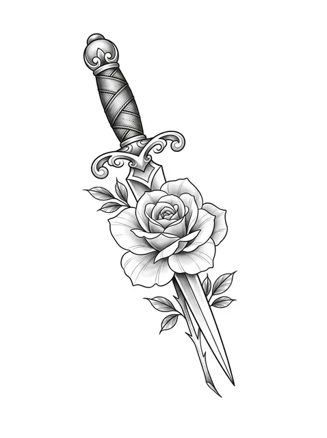 Black and grey chicano dagger and rose tattoo design