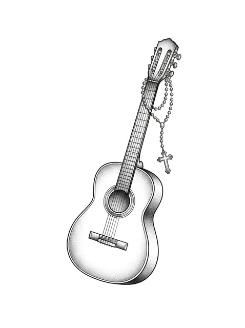 Black and grey chicano guitar and cross tattoo design
