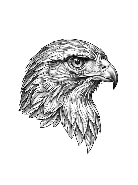 Black and grey chicano hawk tattoo design: a hooked beak and a steady eye, its layered feathers