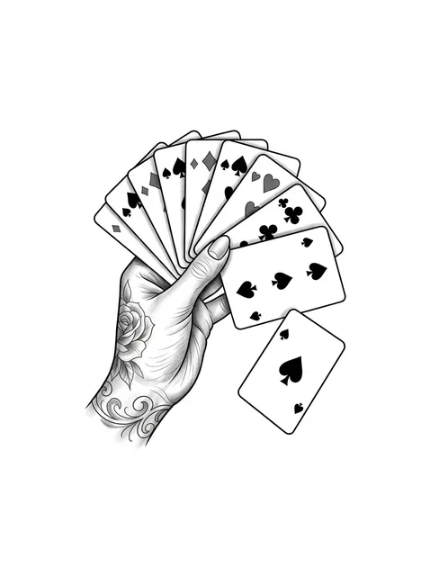 Black and grey chicano playing card and hand tattoo design