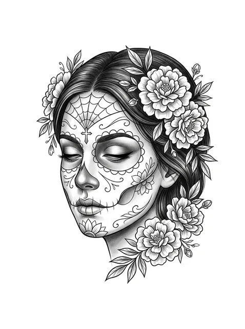 Black and grey chicano sugar skull and flower tattoo design: the Dead sugar skull with marigolds