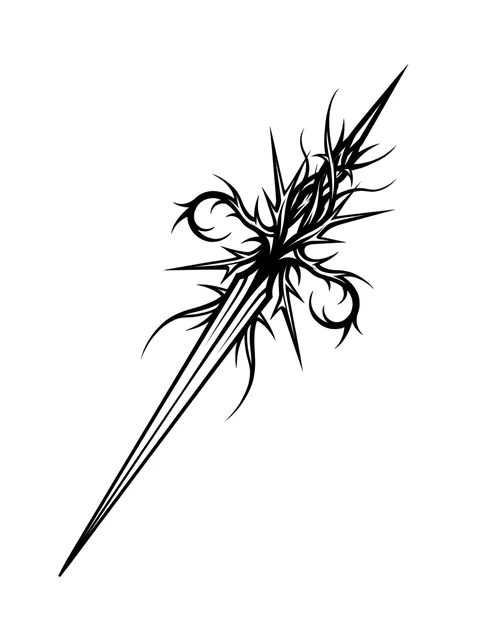 Black and grey cybersigilism dagger tattoo design: two barbed tendrils curling away from the grip