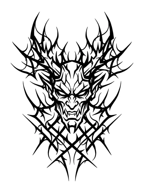 Tattoo-Vorlage mit einem Dämon, Stil: Cybersigilism, in Schwarz-Grau
