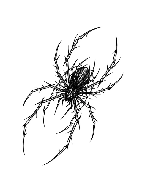 Black and grey cybersigilism spider tattoo design: a spider with long, spiky, thorn-like legs