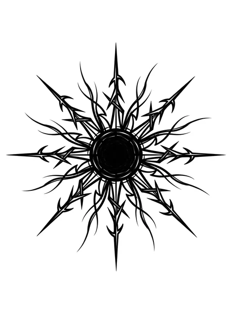 Black and grey cybersigilism sun tattoo design: a dense dark disc sends out rays