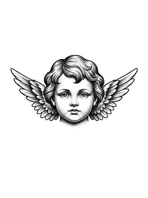 Black and grey dotwork angel tattoo design: a cherubic angel's head with wings