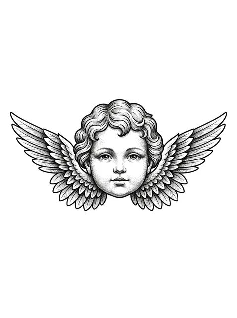 Black and grey dotwork angel tattoo design: an angel's head with wings