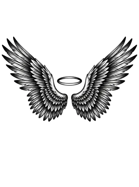 Black and grey dotwork angel wings and angel tattoo design: a pair of angel wings