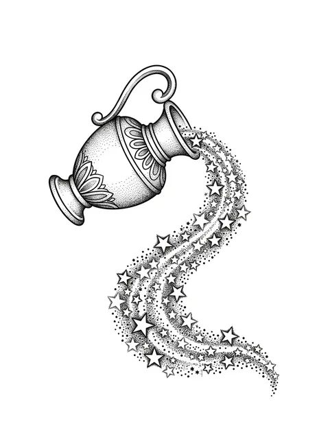 Black and grey dotwork aquarius and star tattoo design