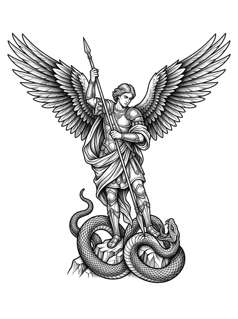 Black and grey dotwork archangel and angel tattoo design