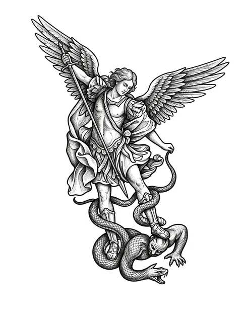 Black and grey dotwork archangel and angel wings tattoo design