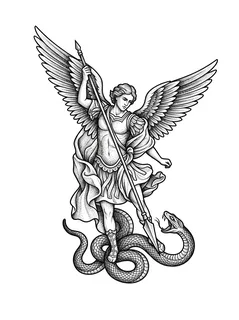 Black and grey dotwork archangel and snake tattoo design: an archangel, likely St
