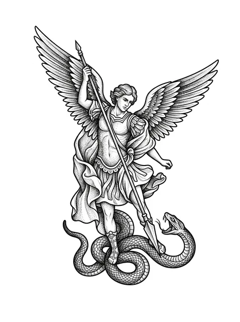 Black and grey dotwork archangel and snake tattoo design: an archangel, likely St