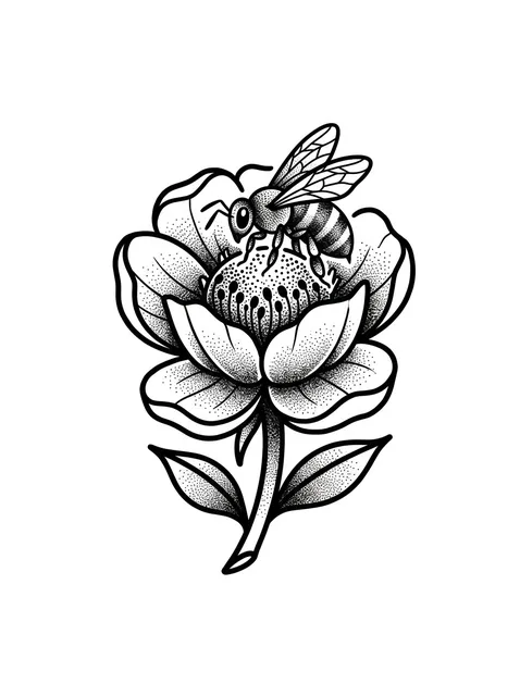Black and grey dotwork flower and bee tattoo design
