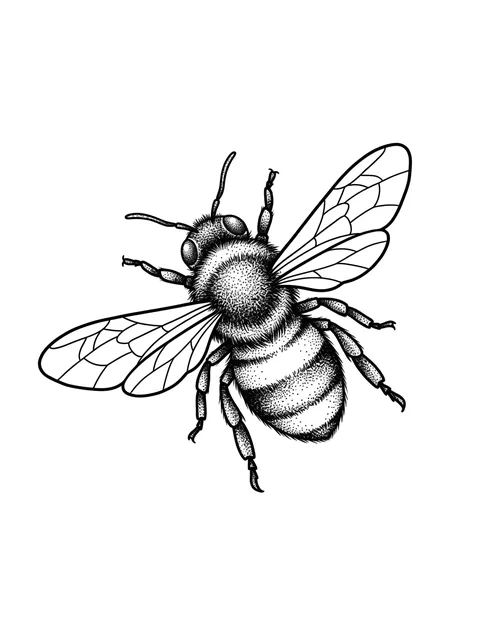 Black and white dotwork bee tattoo design: its wings spread, ready for flight