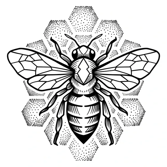 Black and grey dotwork bee tattoo design: a bee with intricate wings and body patterns
