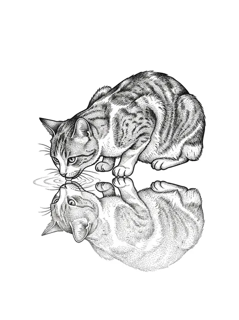 Black and grey dotwork cat tattoo design: a tabby cat drinking from water with a clear reflection