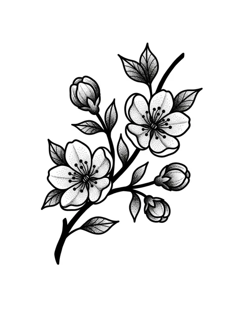 Black and grey dotwork cherry blossom and flower tattoo design: a branch of cherry blossoms