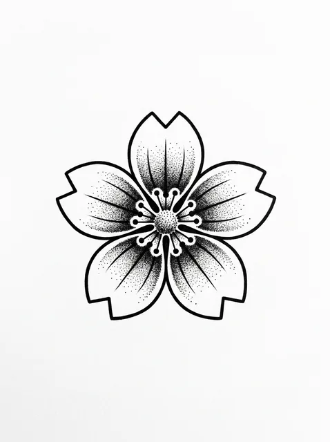 Black and grey dotwork flower and cherry blossom tattoo design