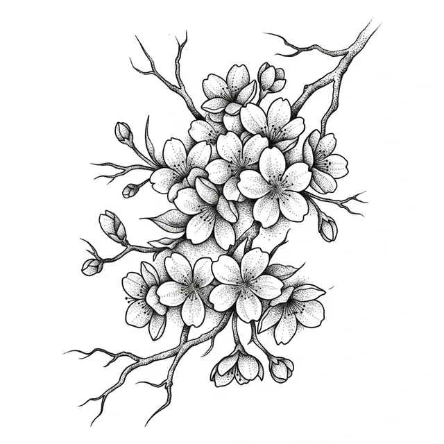 dotwork Cherry Blossom tattoo design, black and grey