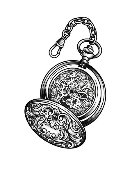Black and grey dotwork clock tattoo design: an open pocket watch with an ornate cover