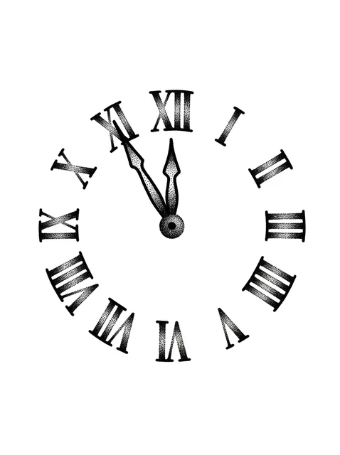 Black and grey dotwork clock tattoo design: a clock face with Roman numerals, with the hands