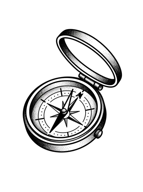 Black and grey dotwork compass tattoo design: a classic pocket compass with its lid open