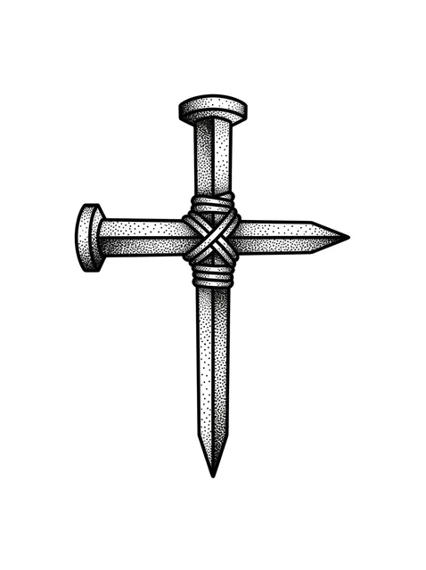 Black and grey dotwork cross tattoo design: a cross formed by two nails, bound together with rope