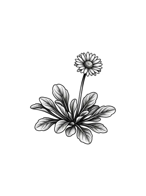 Black and grey dotwork daisy and flower tattoo design: a single daisy with its leaves