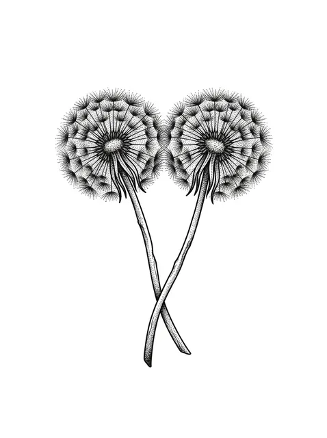 Black and white dotwork dandelion and flower tattoo design