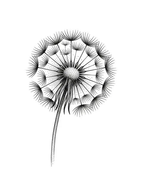 Black and grey dotwork dandelion and flower tattoo design: a dandelion in full seed