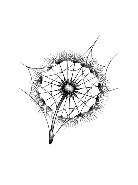 Black and grey dotwork dandelion and flower tattoo design: a dandelion seed head