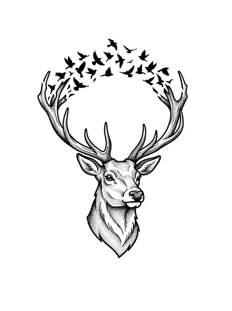 Black and grey dotwork deer and bird tattoo design: a deer head with large antlers