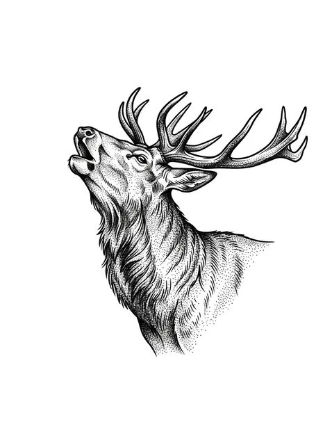 Black and white dotwork deer tattoo design: a roaring deer with impressive antlers