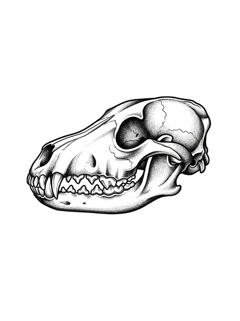 Black and grey dotwork dog and skull tattoo design: an animal skull, likely a canine