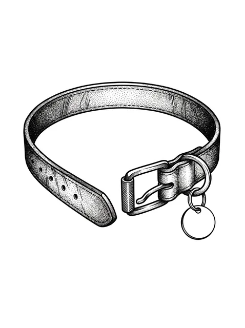Black and grey dotwork dog collar tattoo design: a dog collar with a buckle and an empty tag