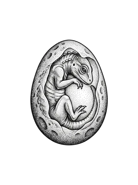 Black and grey dotwork dragon tattoo design: a baby dragon curled up inside a cracked egg