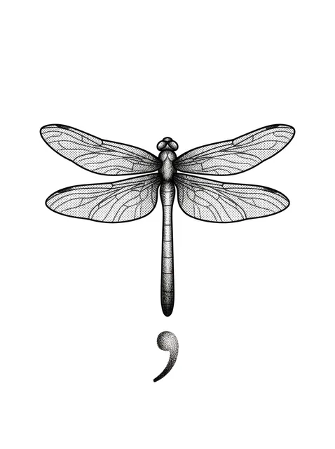 Black and grey dotwork semicolon and dragonfly tattoo design