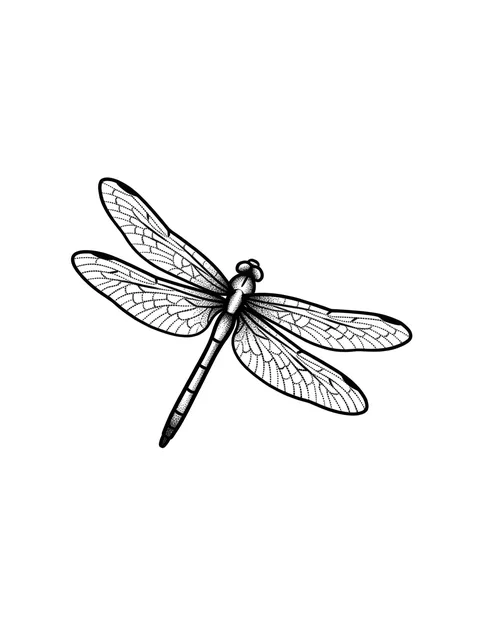 Black and grey dotwork dragonfly tattoo design: the body and wing structure
