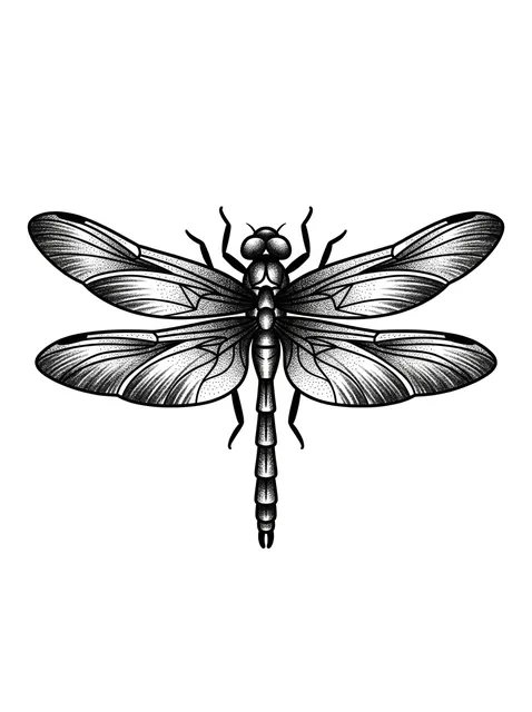 Black and grey dotwork dragonfly tattoo design