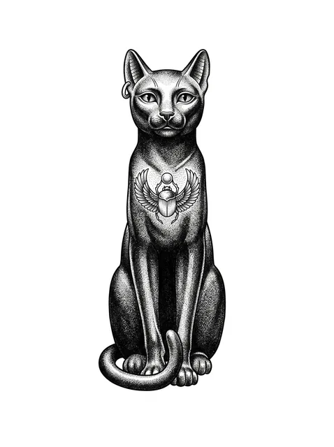 Black and grey dotwork egyptian and cat tattoo design