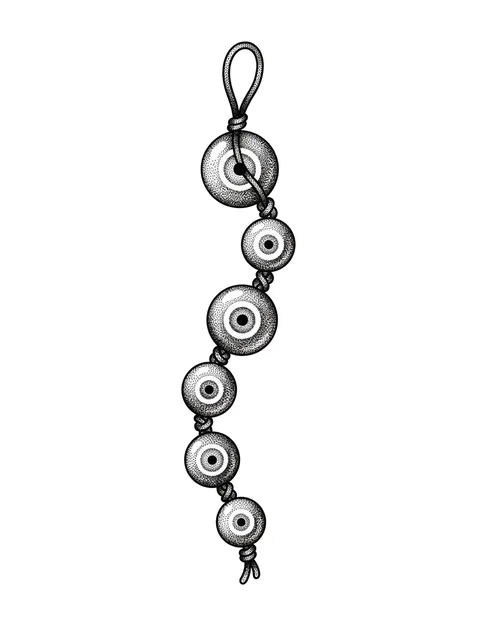 Black and grey dotwork evil eye tattoo design: a string of seven evil eyes