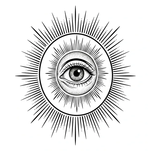 Black and grey dotwork eye and sun tattoo design