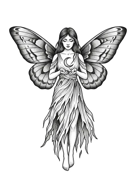 Black and grey dotwork fairy and moon tattoo design
