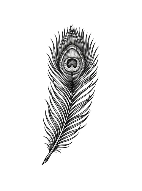 Black and grey dotwork peacock and feather tattoo design: a peacock feather
