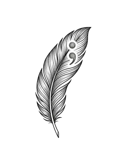 Black and grey dotwork semicolon and feather tattoo design