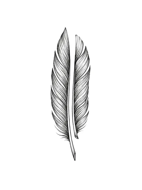 Black and grey dotwork feather tattoo design: a single feather, split down the middle