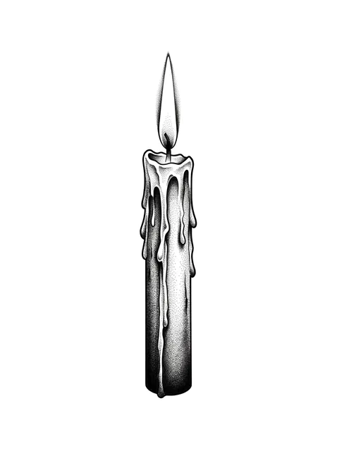 Black and grey dotwork fire and candle tattoo design: a melting candle