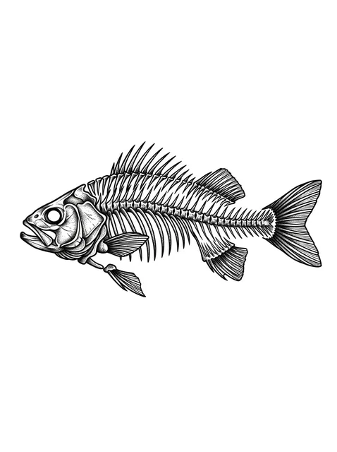 Black and grey dotwork fish and skeleton tattoo design: a fish skeleton