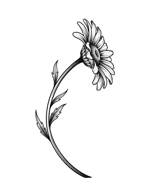 Black and grey dotwork daisy and flower tattoo design: a single daisy